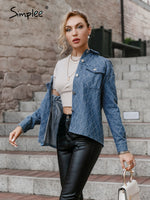 Load image into Gallery viewer, Simplee Cotton lapel long sleev women denim jacket
