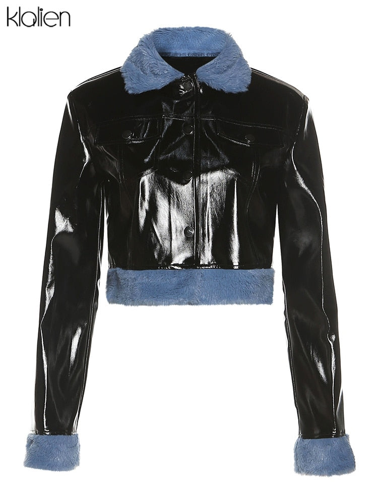 KLALIEN Fashion Casual Patchwork PU Leather Long Sleeve Turndown Collar Single Breasted Jacket For Women Cool Streetwear Coat