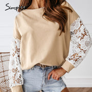 Simplee Casual round neck slim ladies blouse Solid knitted women work boluse Fashion flower pattern hollow long sleeve pullover