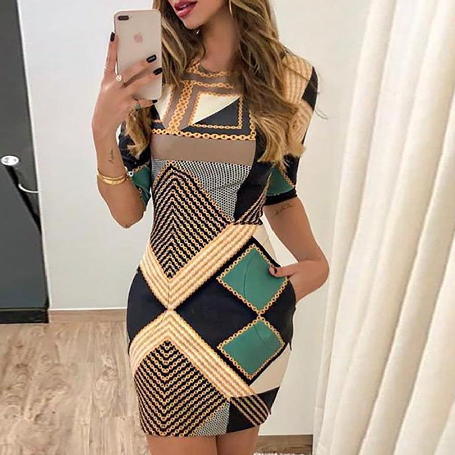 Fashion new casual ladies dress print pattern short-sleeved slim round neck dress ladies spring and autumn short dress