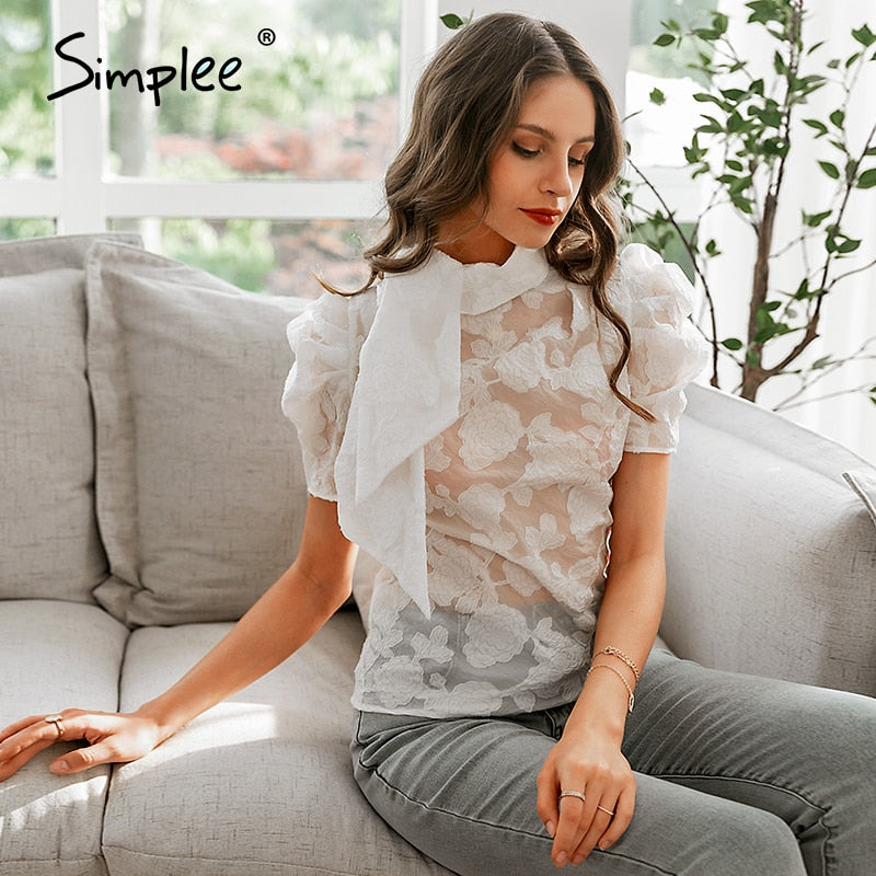 Simplee Butterfly neck  ladies blouses shirts Bubble short sleeve summer female white tops High street style tight women blouse