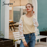 Load image into Gallery viewer, Simplee Casual round neck slim ladies blouse Solid knitted women work boluse Fashion flower pattern hollow long sleeve pullover
