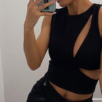 Load image into Gallery viewer, Asymmetrical Cutout 90s vintage Crop Top Sexy Y2k Streetwear O-Neck Sleeveless Tshirt Fake Two Piece Vest Gothic Black Tank Tops
