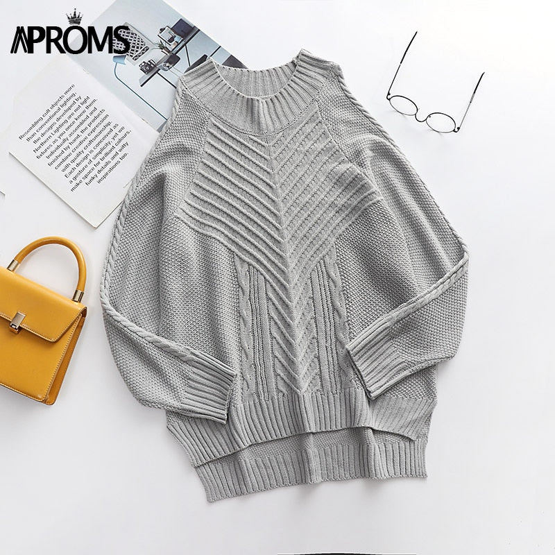 Aproms Elegant Cold Shoulder Knitted Loose Sweaters Women