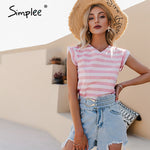 Load image into Gallery viewer, Simplee Casual stripe ruffled back lace up women t-shirts summer V-neck office lady cotton shirts female Elegant fashion top new
