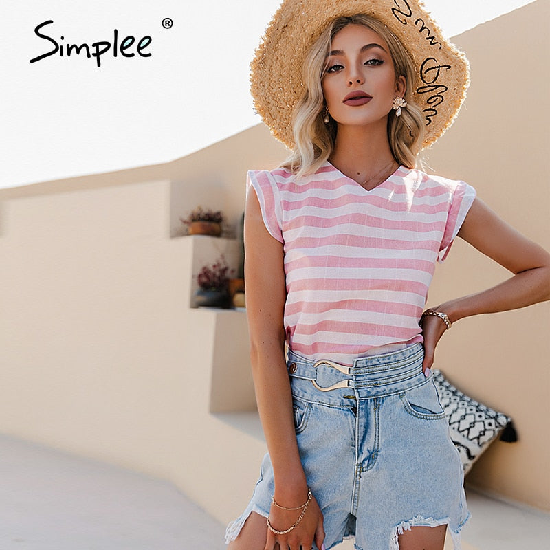 Simplee Casual stripe ruffled back lace up women t-shirts summer V-neck office lady cotton shirts female Elegant fashion top new