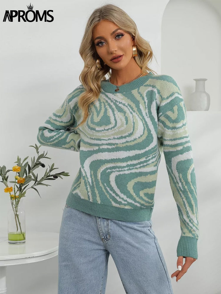 Aproms Elegant Green Tie Dye Knitted Sweater