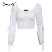 Simplee Vintage elegant white women blouses shirt Casual button blouse twist lace up Spring summer holiday blusas mujer shirts
