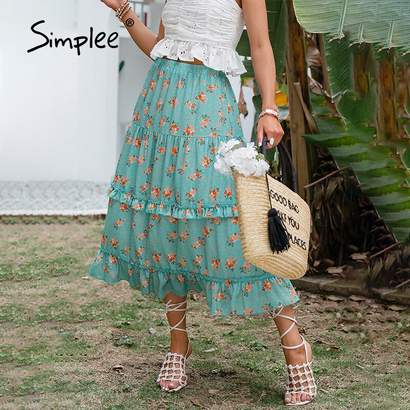 Simplee Bohemian floral ruffle midi skirt women summer Holiday elastic waist A-line skirt