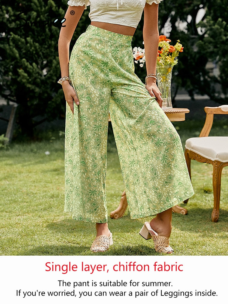 Simplee Floral holiday light green women wide leg pants Loose causal high waist female trousers Zipper thin summer beach bottoms