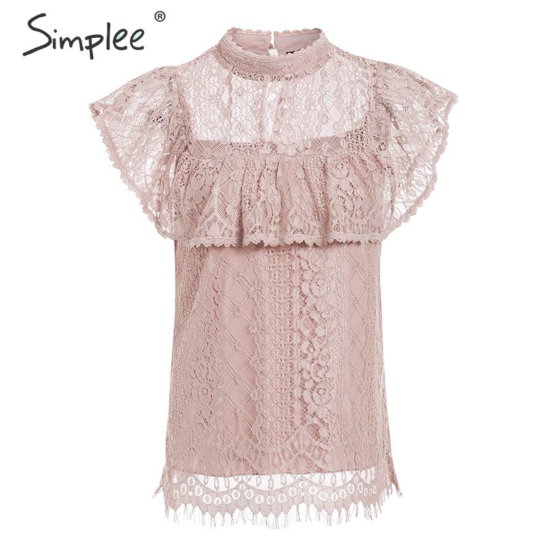 Simplee O neck lace hollow out women blouse shirt Embroidery ruffle lining elegant blouses female Summer party blouses and tops