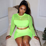 Load image into Gallery viewer, Fashion Neon Green Women Sets Long Sleeve See-through Crop Tops With Mini Skirt Bodycon 2 Two Pieces Sexy Club Outfits
