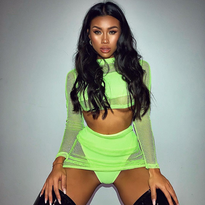 Fashion Neon Green Women Sets Long Sleeve See-through Crop Tops With Mini Skirt Bodycon 2 Two Pieces Sexy Club Outfits
