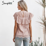 Load image into Gallery viewer, Simplee O neck lace hollow out women blouse shirt Embroidery ruffle lining elegant blouses female Summer party blouses and tops
