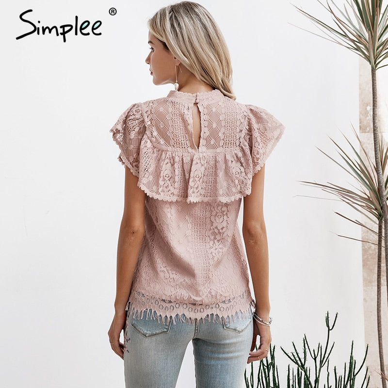Simplee O neck lace hollow out women blouse shirt Embroidery ruffle lining elegant blouses female Summer party blouses and tops