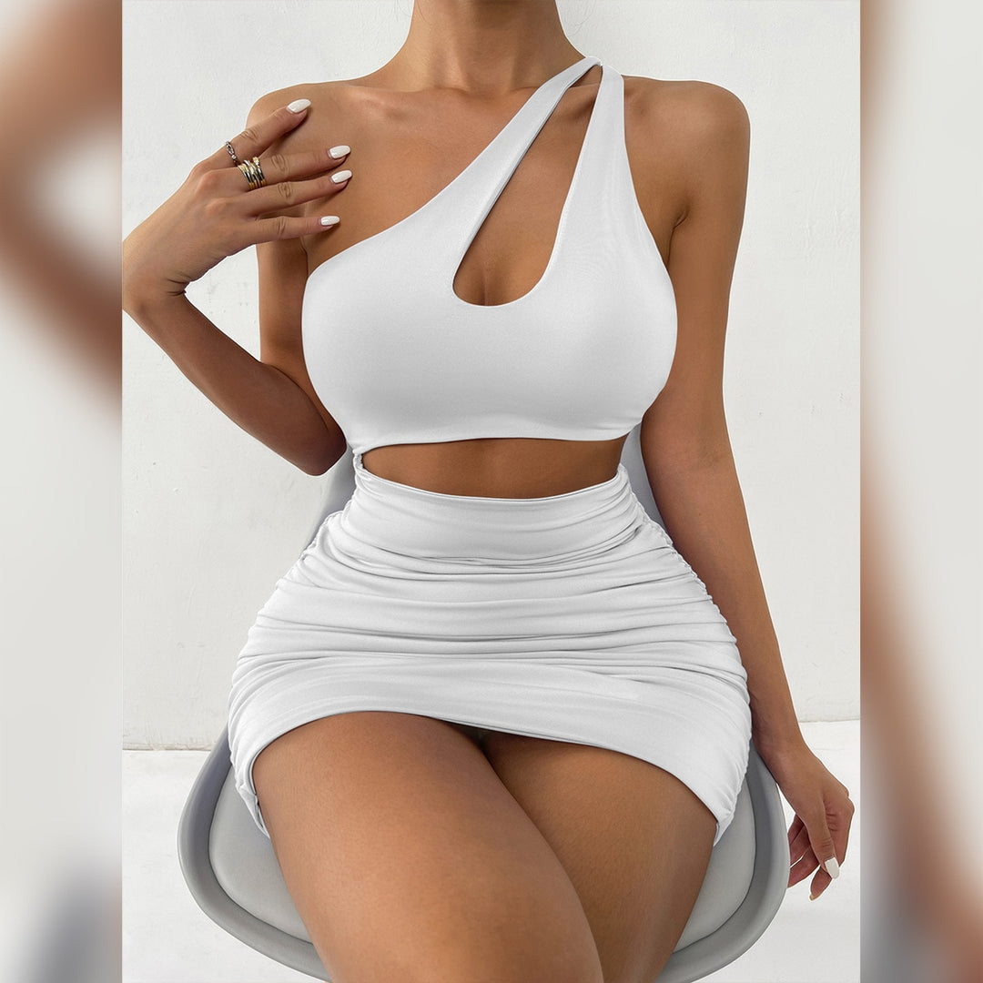 Summer One Shoulder Hollow High Waist Bodycon Dress for Women Party Sexy Night Club Sheath Solid Pleated Mini Dresses Clubwear