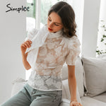 Load image into Gallery viewer, Simplee Butterfly neck  ladies blouses shirts Bubble short sleeve summer female white tops High street style tight women blouse
