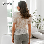 Load image into Gallery viewer, Simplee Butterfly neck  ladies blouses shirts Bubble short sleeve summer female white tops High street style tight women blouse
