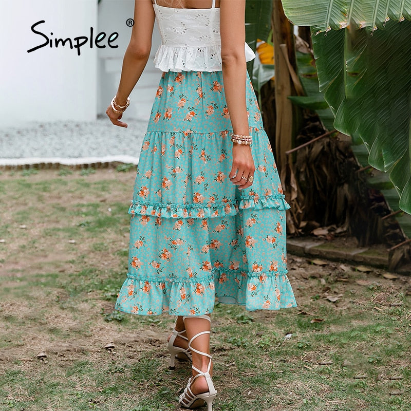 Simplee Bohemian floral ruffle midi skirt women summer Holiday elastic waist A-line skirt