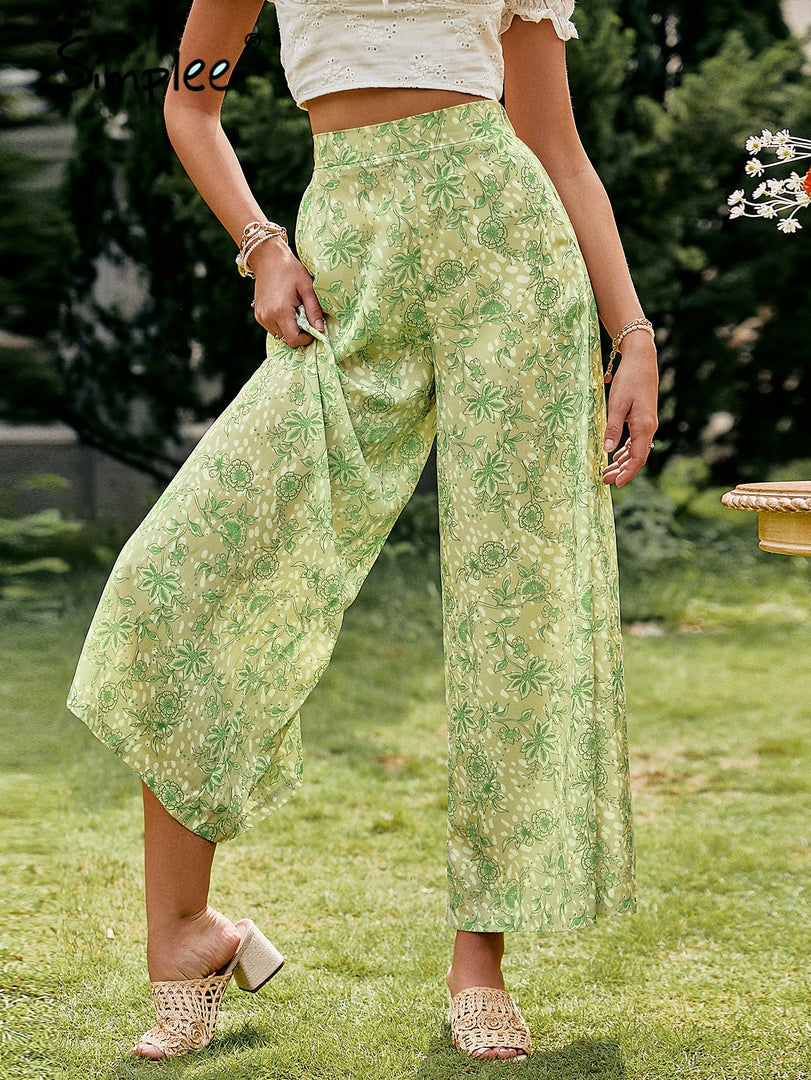 Simplee Floral holiday light green women wide leg pants Loose causal high waist female trousers Zipper thin summer beach bottoms