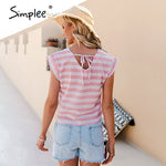 Load image into Gallery viewer, Simplee Casual stripe ruffled back lace up women t-shirts summer V-neck office lady cotton shirts female Elegant fashion top new
