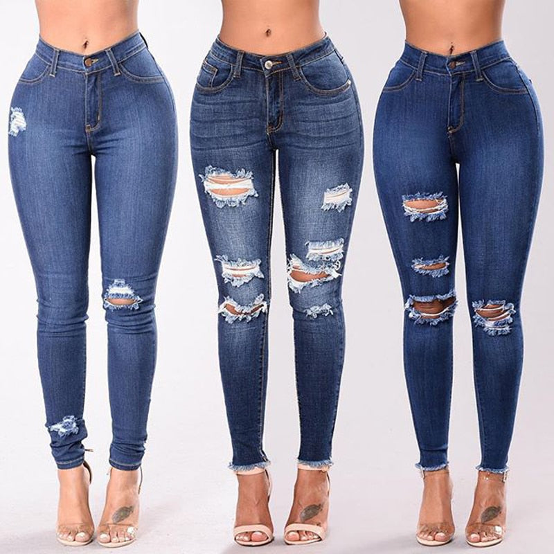 2023 Women Jeans Newest Hot Stretch Skinny Ripped Hole Denim Female Slim High Waist Pencil Trousers Elegant Lady Button Bottom
