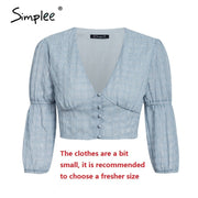 Simplee Vintage seersucker chiffon blue women blouses crop tops