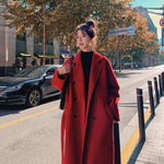 Load image into Gallery viewer, Korea Women Spring Autumn Black Loose Long Wool Coat Jacket Belt Woolen Overcoat Split Hem Cardigan Outerwear 3XL
