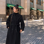Load image into Gallery viewer, Korea Women Spring Autumn Black Loose Long Wool Coat Jacket Belt Woolen Overcoat Split Hem Cardigan Outerwear 3XL
