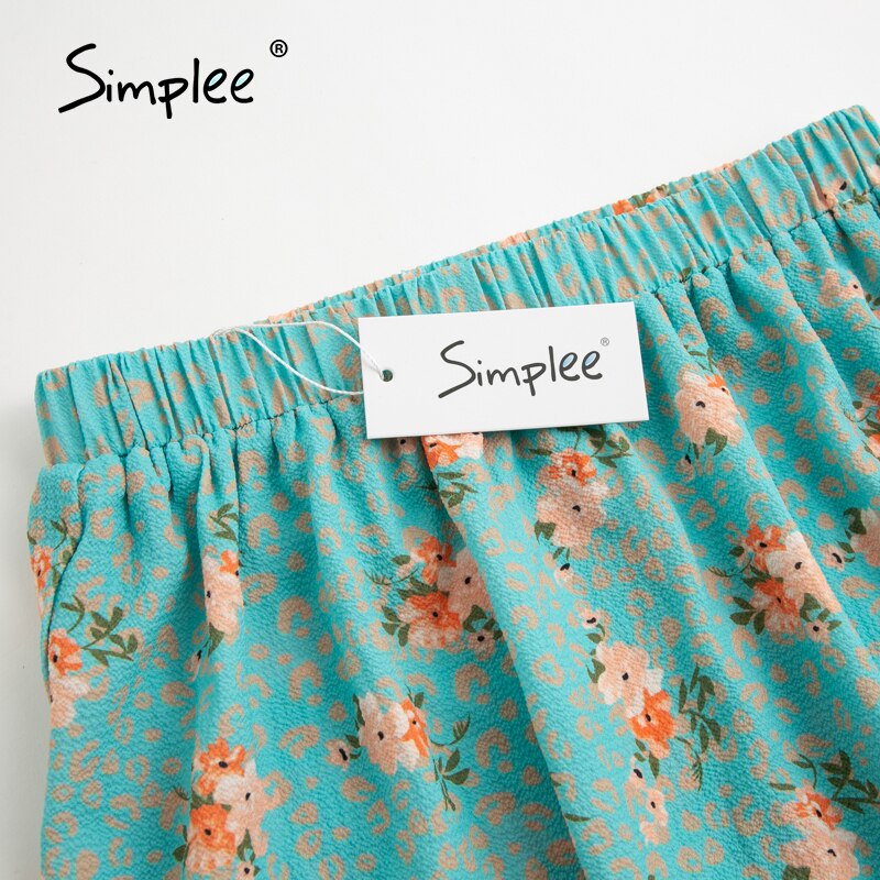 Simplee Bohemian floral ruffle midi skirt women summer Holiday elastic waist A-line skirt