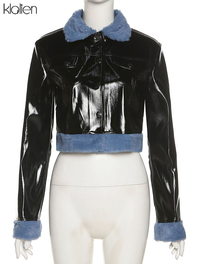 KLALIEN Fashion Casual Patchwork PU Leather Long Sleeve Turndown Collar Single Breasted Jacket For Women Cool Streetwear Coat