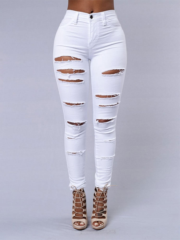 White Hole Ripped Jeans Hight Waist Skinny Bodycon Sexy Trousers Pencil Pants