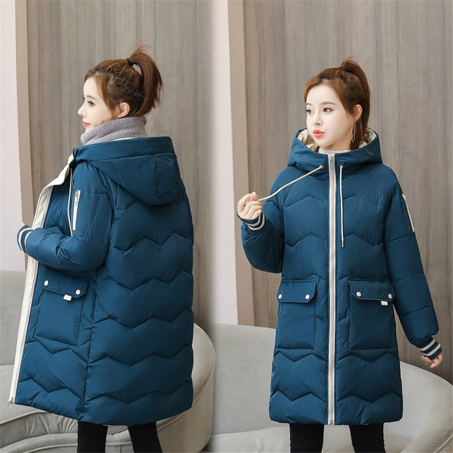 Oversized 4XL Hooded Mid-length Cotton Padded Coat Women Loose Warm Thicken Parka Fluffy Overcoat