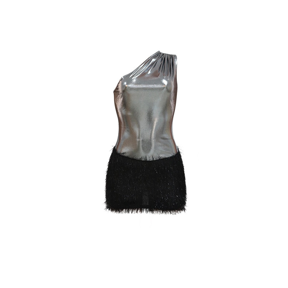 Summer One Shoulder Faux Leather Fur Patchwork Sleeveless Mini Dress