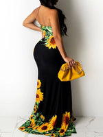 Load image into Gallery viewer, Sunflower Print Sexy Strapless Bandage Slit Maxi Dress
