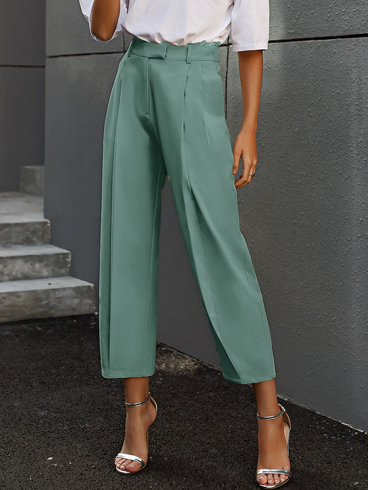 Simplee Solid high waist office lady trousers Loose casual apricot summer women pants
