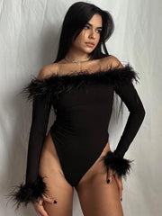 Hugcitar Feather Slash Neck Long Sleeve Solid Elegant Sexy Bodycon Bodysuit