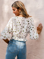 Load image into Gallery viewer, Simplee Elegant office lady printed blouse spring V-neck drawstring bow half puff sleeve
