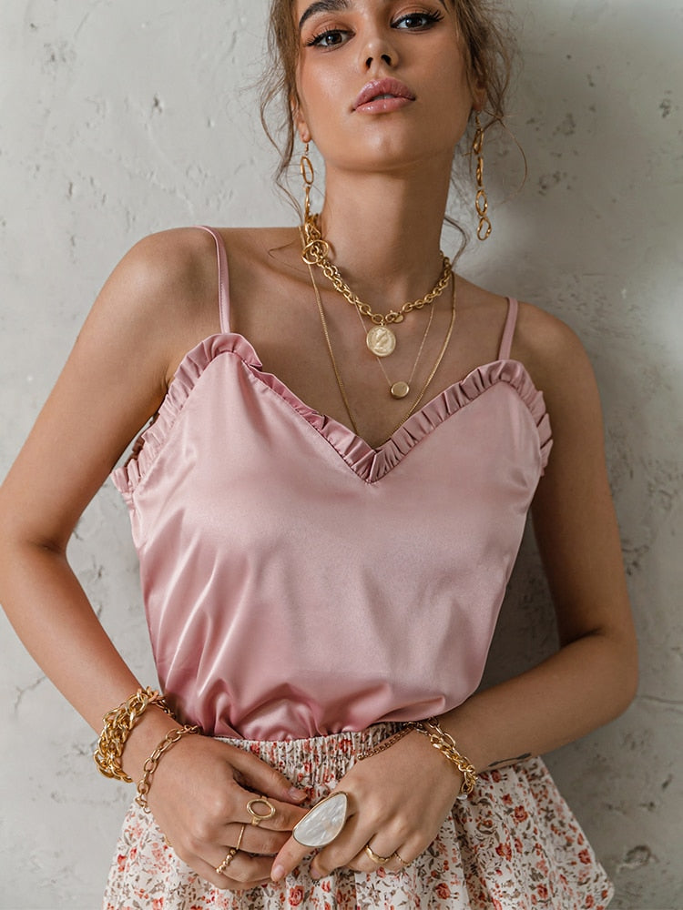 Simplee V-neck Sexy Satin ruffle Female Tanks Pink Loose Basic Sleeveless Office Lady Camis Fashion Women's