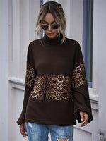 Load image into Gallery viewer, Dark Brown Coffee Leopard Print Patchwork Turtle Neck Flip Collar Autumn Sweatshirt
