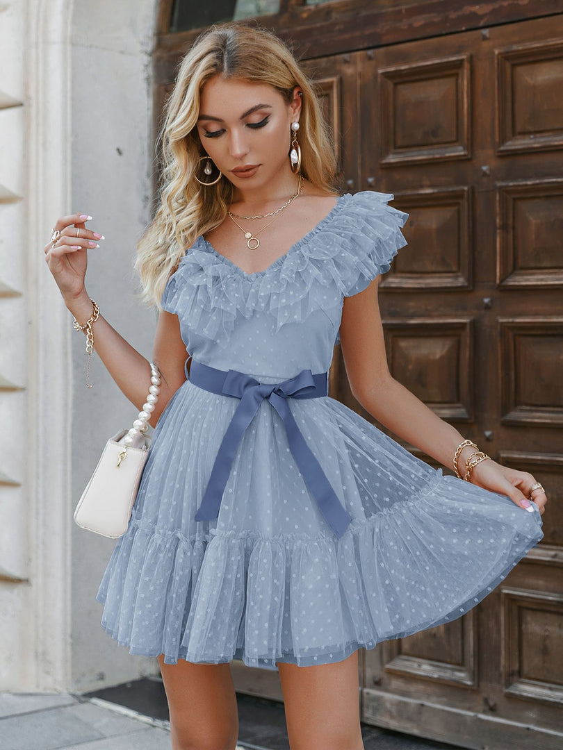 Simplee V-neck mesh polka dot summer tulle party dress women Backless pink ruffle sleeveless dresses Elegant sash maxi vestido
