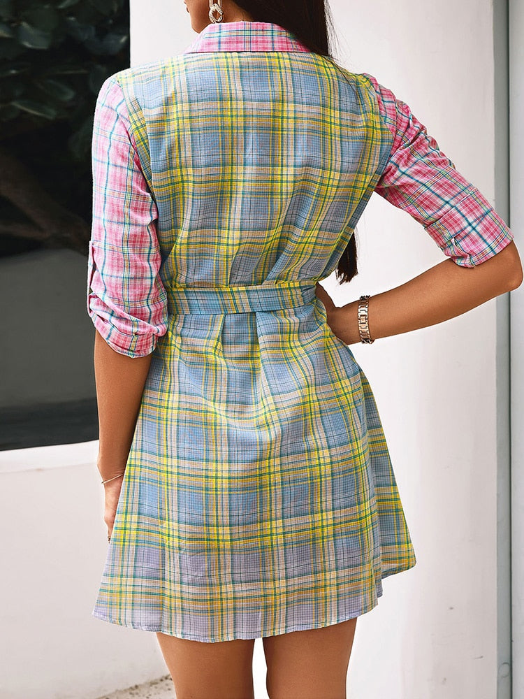 Plaid Print Colorblock Half Sleeve Shirt Dress Women Buttoned Casual Mini Dress