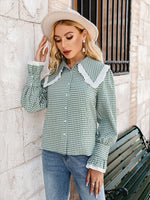 Load image into Gallery viewer, Simplee Gingham Square Office Ladies Winter Blouses Peter Pan Collar Women Ruffle Tops Full Poet Sleeves Female Fitness Blouses
