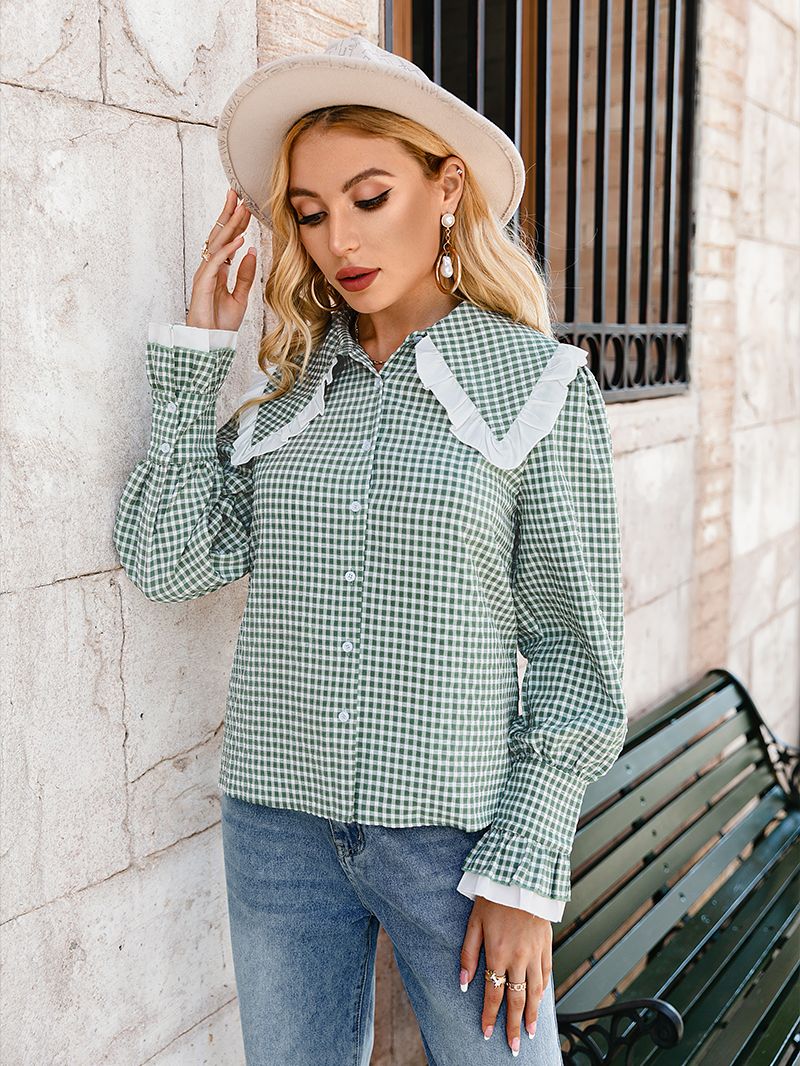 Simplee Gingham Square Office Ladies Winter Blouses Peter Pan Collar Women Ruffle Tops Full Poet Sleeves Female Fitness Blouses