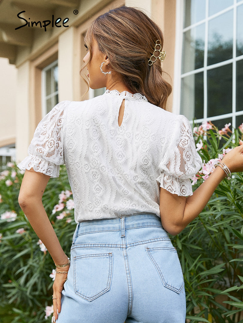White Elegant Lace Stitching Women T-Shirt