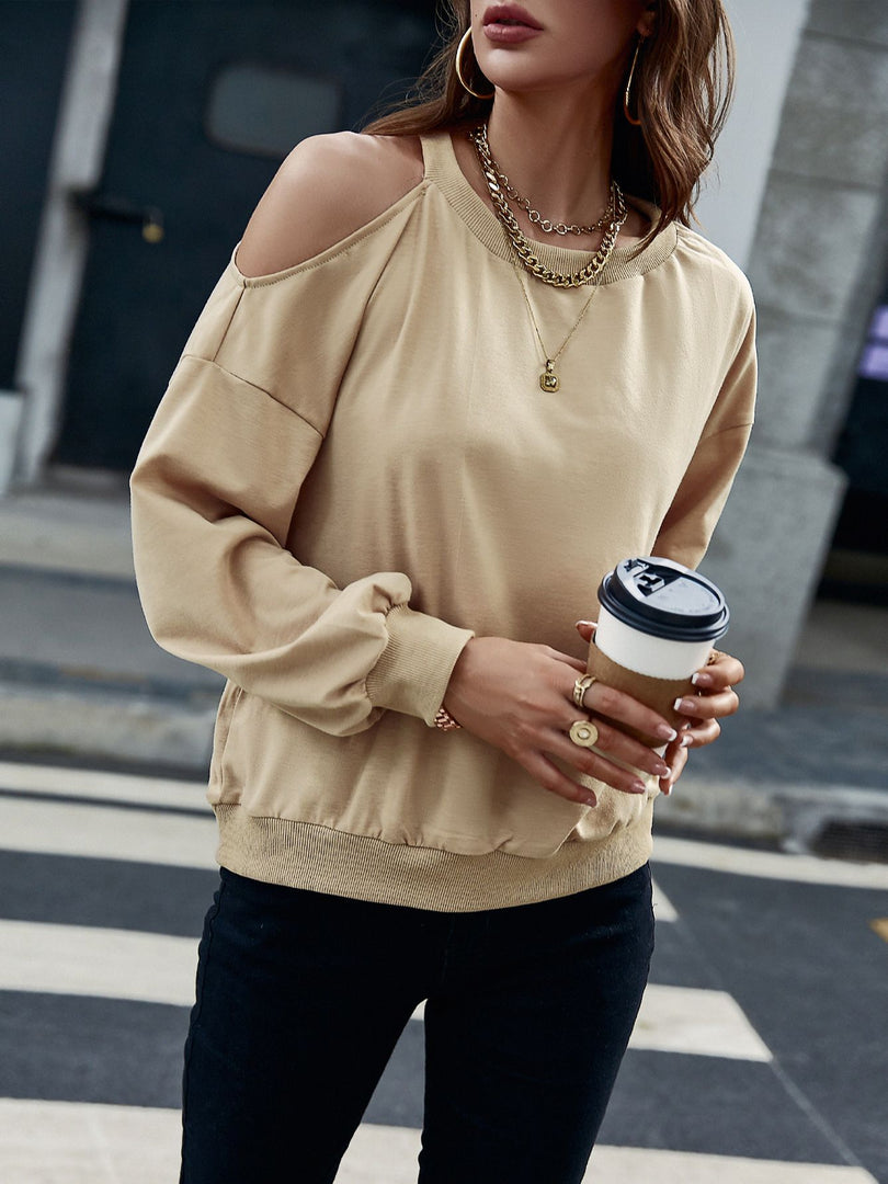 Simplee Office cold shoulder one piece hoodie sweatshirt women Casual o-neck soft short hoodies autumn Loose cut out ladies tops