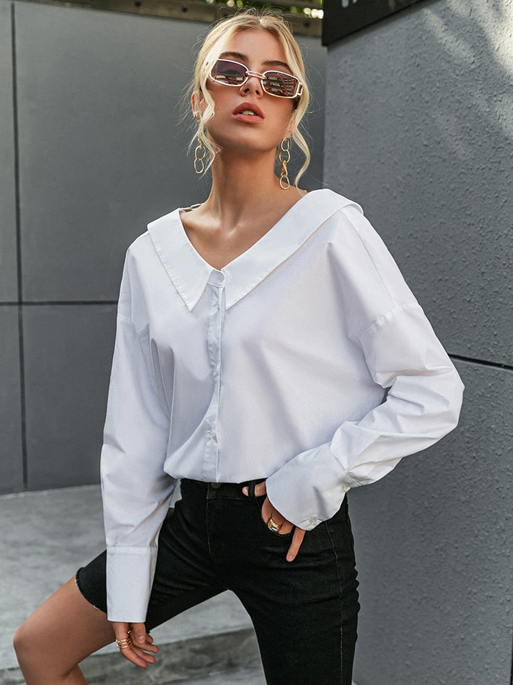 Simplee V neck white Backless chain women blouse shirts