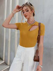 Simplee Office lady keyhole short sleeve t-shirt High street knitted tee shirt