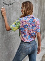 Load image into Gallery viewer, Simplee Floral holiday color block women summer blouse shirt
