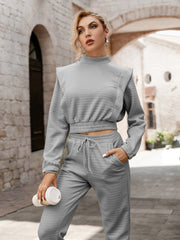 Simplee Two piece short women sweatshirt set autumn Elastic lace up turtleneck casual pants